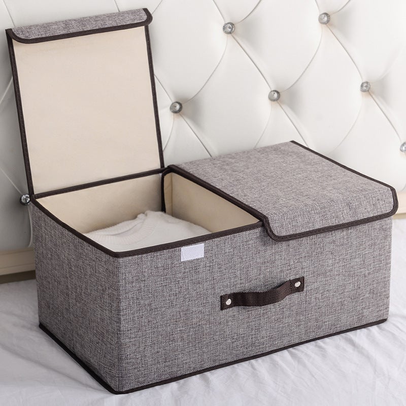 Cotton and Linen Fabric Double-Lid Storage Box Foldableable Storage Box Miscellaneous Storage Box Dormitory Covered Intimates Storage Box(rice white, Large 50*30*25cm) - Image 2