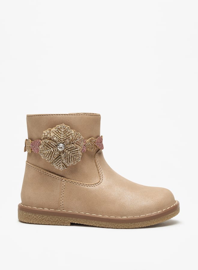 JUNIORS Girls Floral Accent Low Ankle Boots with Zip Closure - Image 1