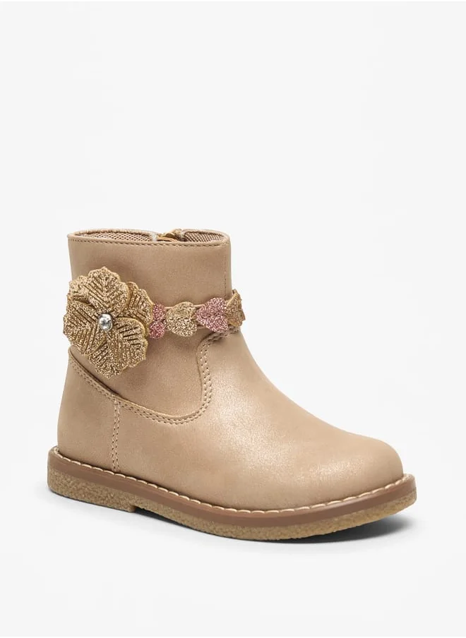 جونيورز Girls Floral Accent Low Ankle Boots with Zip Closure