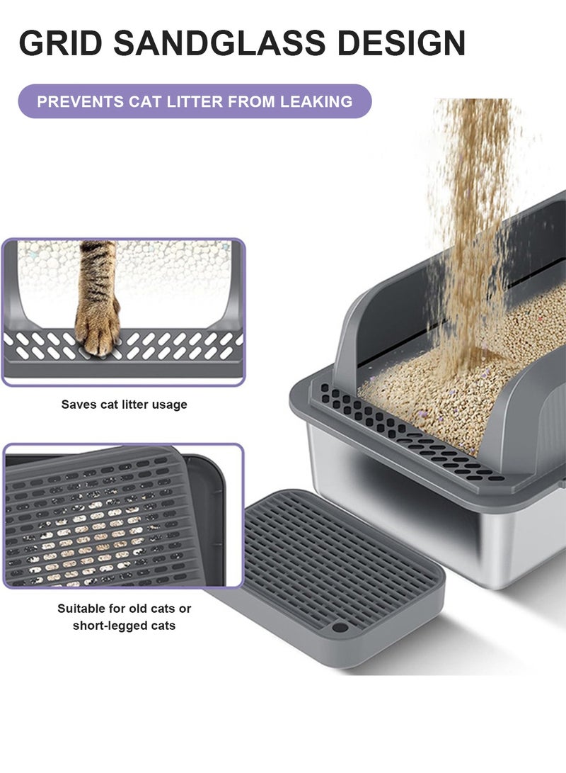 Stainless Steel Cat Litter Box Cat Litter Tray Enclosed Metal Litter Box Cat Toilet Pet Litter Box with Footboard & Scoop