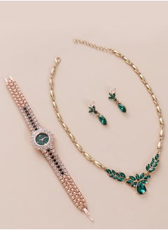 DUNISO 3 Pcs Rhinestone watch set, emerald quartz crystal watch, alloy watch, necklace earrings, diamond decoration design  - Image 4