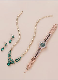DUNISO 3 Pcs Rhinestone watch set, emerald quartz crystal watch, alloy watch, necklace earrings, diamond decoration design  - Image 3