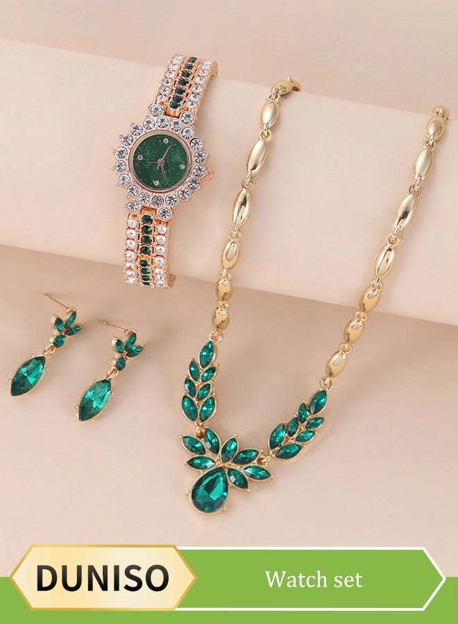 DUNISO 3 Pcs Rhinestone watch set, emerald quartz crystal watch, alloy watch, necklace earrings, diamond decoration design  - Image 1