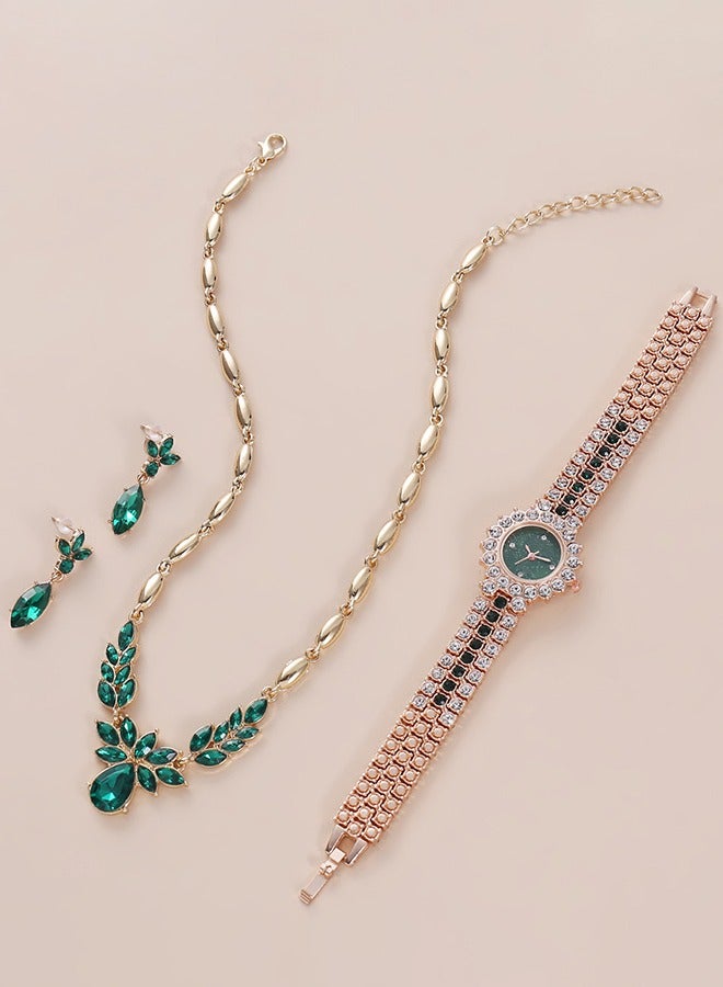 DUNISO 3 Pcs Rhinestone watch set, emerald quartz crystal watch, alloy watch, necklace earrings, diamond decoration design  - Image 4