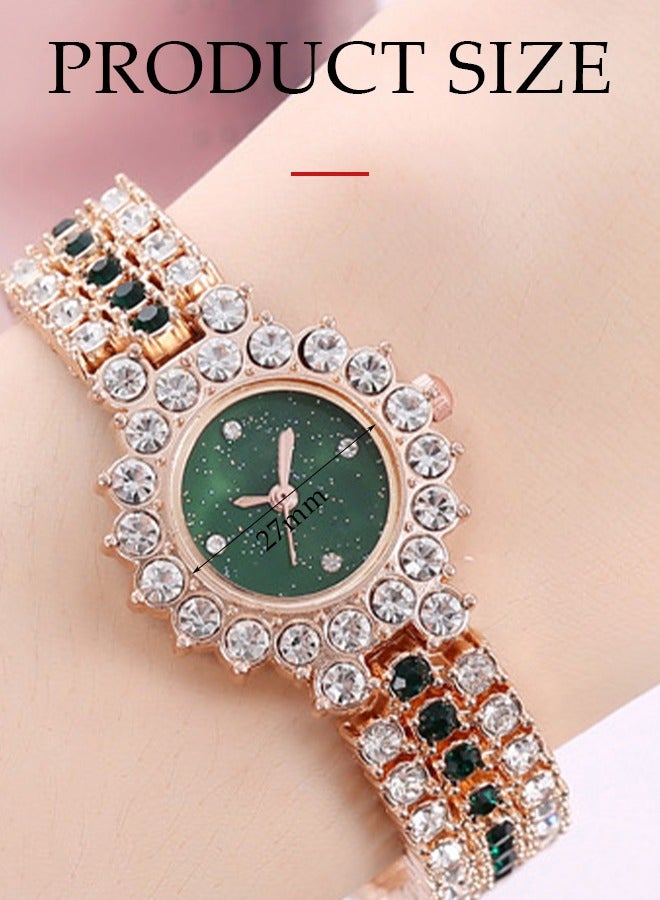 DUNISO 3 Pcs Rhinestone watch set, emerald quartz crystal watch, alloy watch, necklace earrings, diamond decoration design  - Image 3