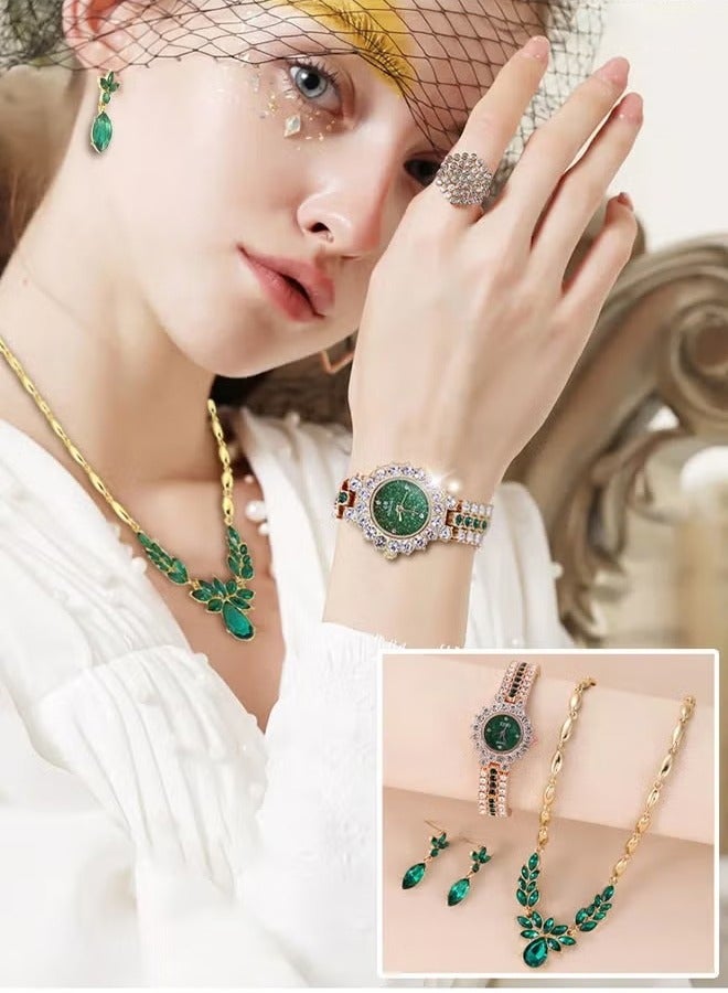 DUNISO 3 Pcs Rhinestone watch set, emerald quartz crystal watch, alloy watch, necklace earrings, diamond decoration design  - Image 2