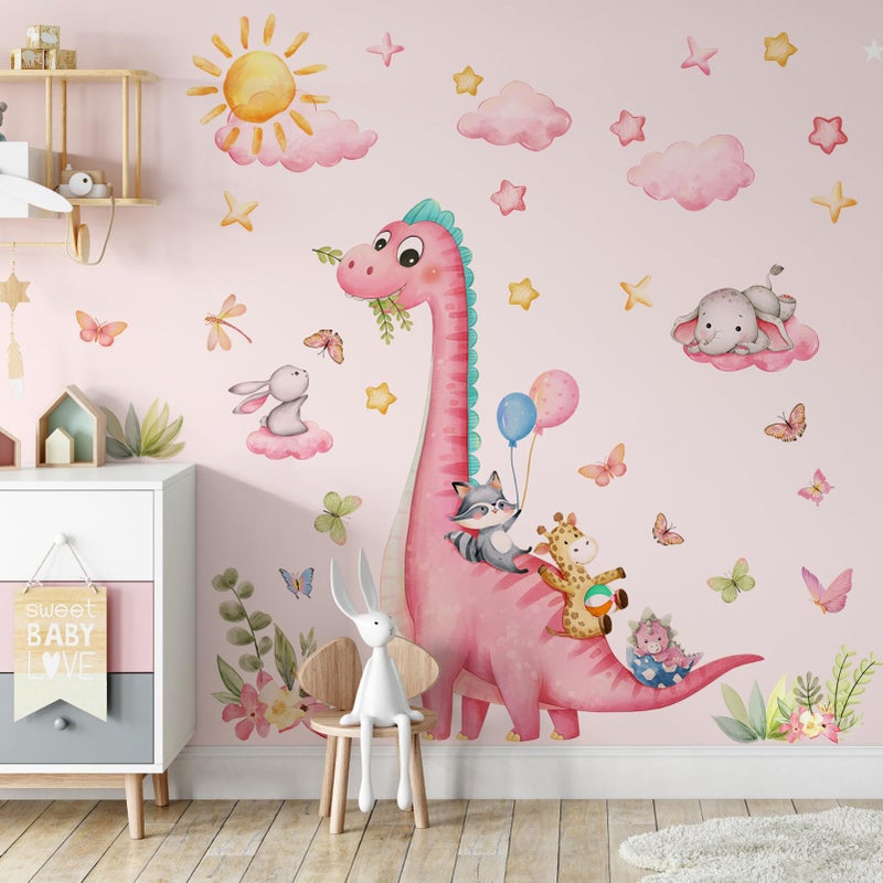Sunoyar Pink Dinosaur Wall Decals for Girls Room, Sunoyar Dinosaur Wall Stickers Removable, Self-Adhesive DIY Peel & Stick Dino Wall Decal for Girls Baby Nursery Bedroom Living Room - Image 1