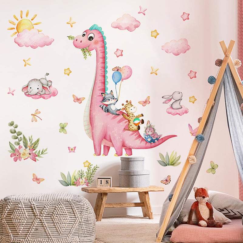 Sunoyar Pink Dinosaur Wall Decals for Girls Room, Sunoyar Dinosaur Wall Stickers Removable, Self-Adhesive DIY Peel & Stick Dino Wall Decal for Girls Baby Nursery Bedroom Living Room - Image 5