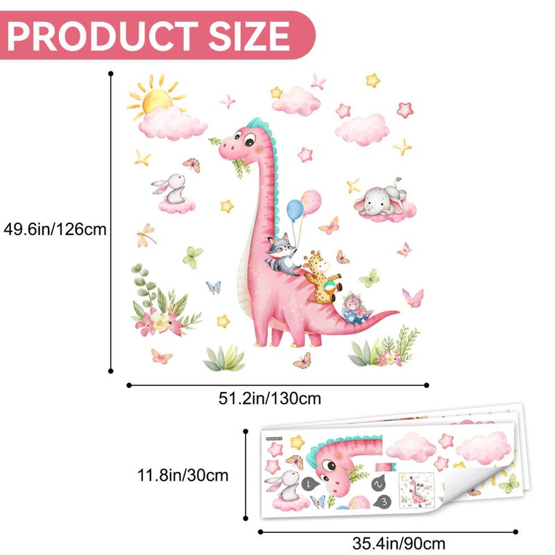 Sunoyar Pink Dinosaur Wall Decals for Girls Room, Sunoyar Dinosaur Wall Stickers Removable, Self-Adhesive DIY Peel & Stick Dino Wall Decal for Girls Baby Nursery Bedroom Living Room - Image 2