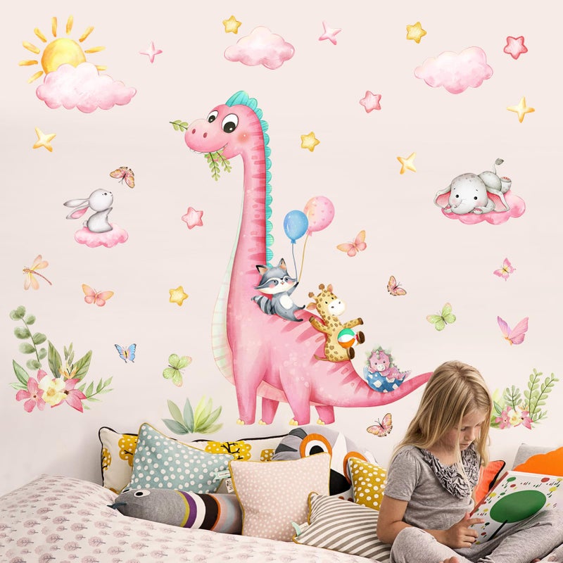 Sunoyar Pink Dinosaur Wall Decals for Girls Room, Sunoyar Dinosaur Wall Stickers Removable, Self-Adhesive DIY Peel & Stick Dino Wall Decal for Girls Baby Nursery Bedroom Living Room - Image 4
