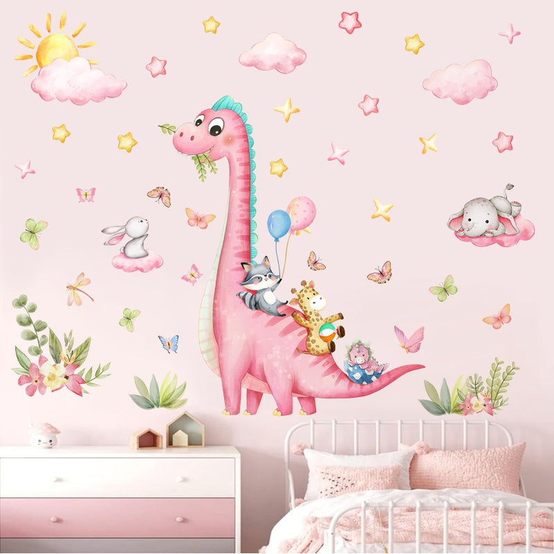 Sunoyar Pink Dinosaur Wall Decals for Girls Room, Sunoyar Dinosaur Wall Stickers Removable, Self-Adhesive DIY Peel & Stick Dino Wall Decal for Girls Baby Nursery Bedroom Living Room - Image 3