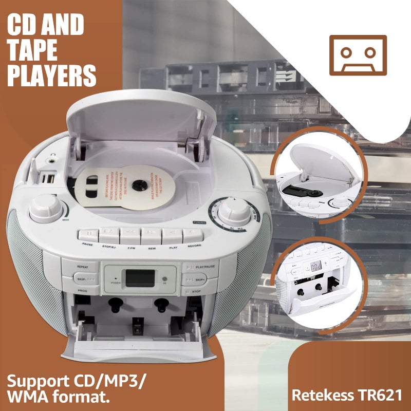 Retekess ريتيكيس TR621 مشغل CD وكاسيت كومبو، مشغل CD بوومبوكس للمنزل، AM/FM، تسجيل شريط، TF/USB درايف، يعمل بالتيار المتردد أو بطارية D، مدخل سماعة، صوت ستيريو (أبيض) - Image 2