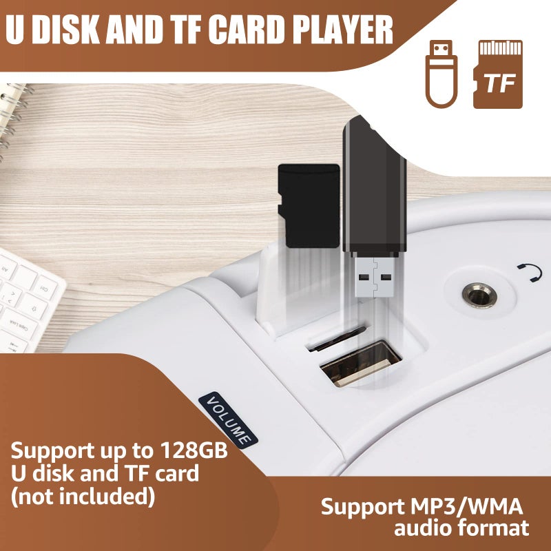 Retekess ريتيكيس TR621 مشغل CD وكاسيت كومبو، مشغل CD بوومبوكس للمنزل، AM/FM، تسجيل شريط، TF/USB درايف، يعمل بالتيار المتردد أو بطارية D، مدخل سماعة، صوت ستيريو (أبيض) - Image 4