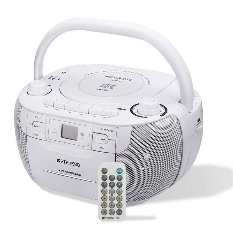 Retekess ريتيكيس TR621 مشغل CD وكاسيت كومبو، مشغل CD بوومبوكس للمنزل، AM/FM، تسجيل شريط، TF/USB درايف، يعمل بالتيار المتردد أو بطارية D، مدخل سماعة، صوت ستيريو (أبيض) - Image 1