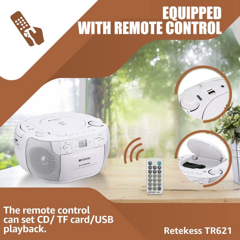 Retekess ريتيكيس TR621 مشغل CD وكاسيت كومبو، مشغل CD بوومبوكس للمنزل، AM/FM، تسجيل شريط، TF/USB درايف، يعمل بالتيار المتردد أو بطارية D، مدخل سماعة، صوت ستيريو (أبيض) - Image 3