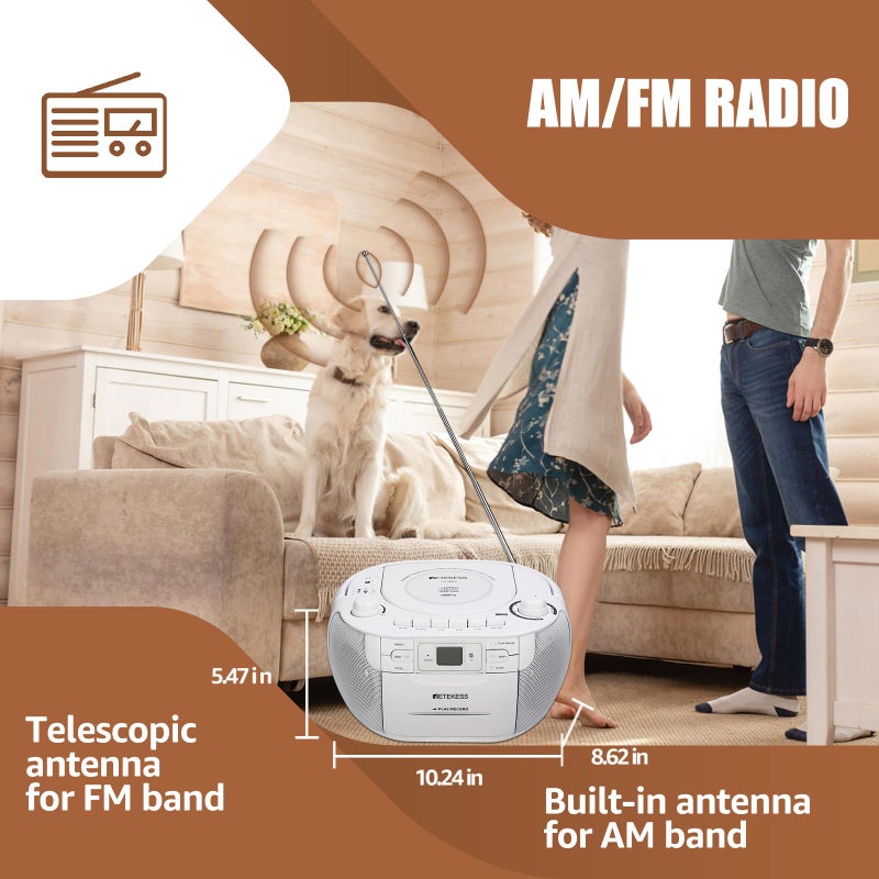 Retekess ريتيكيس TR621 مشغل CD وكاسيت كومبو، مشغل CD بوومبوكس للمنزل، AM/FM، تسجيل شريط، TF/USB درايف، يعمل بالتيار المتردد أو بطارية D، مدخل سماعة، صوت ستيريو (أبيض) - Image 5