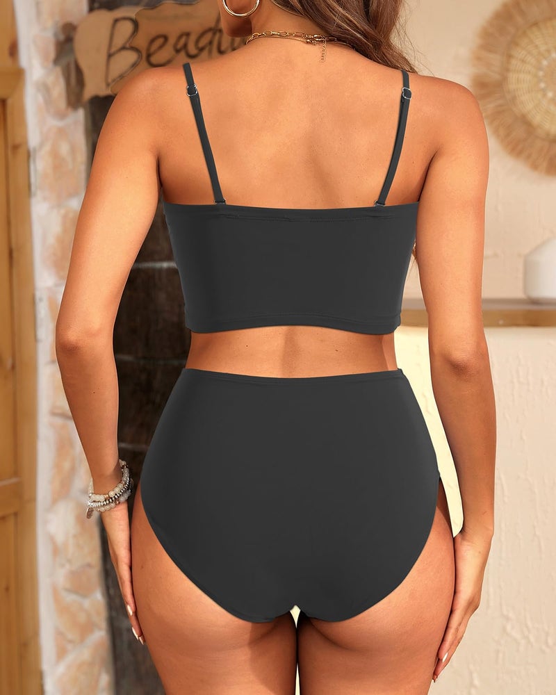 Tempt Me Women Black Bandeau Bikini Set Strapless High Waisted Two Piece Swimsuit Longline Bathing Suits M - Image 2