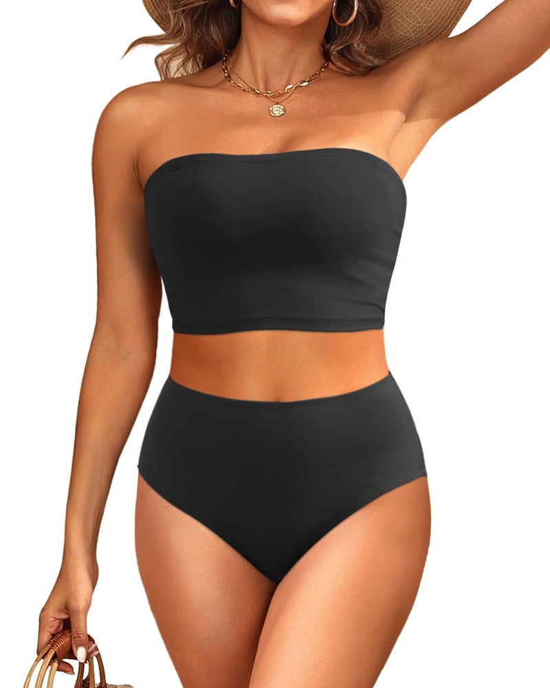 Tempt Me Women Black Bandeau Bikini Set Strapless High Waisted Two Piece Swimsuit Longline Bathing Suits M - Image 1
