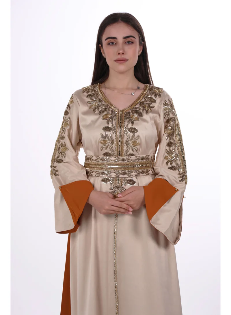 AL BENT AL SHARQIEH beige women belted satin jalabiya dress for Women | Best Price UAE