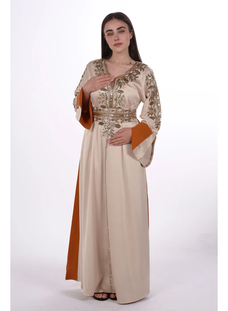 AL BENT AL SHARQIEH beige women belted satin jalabiya dress for Women | Best Price UAE