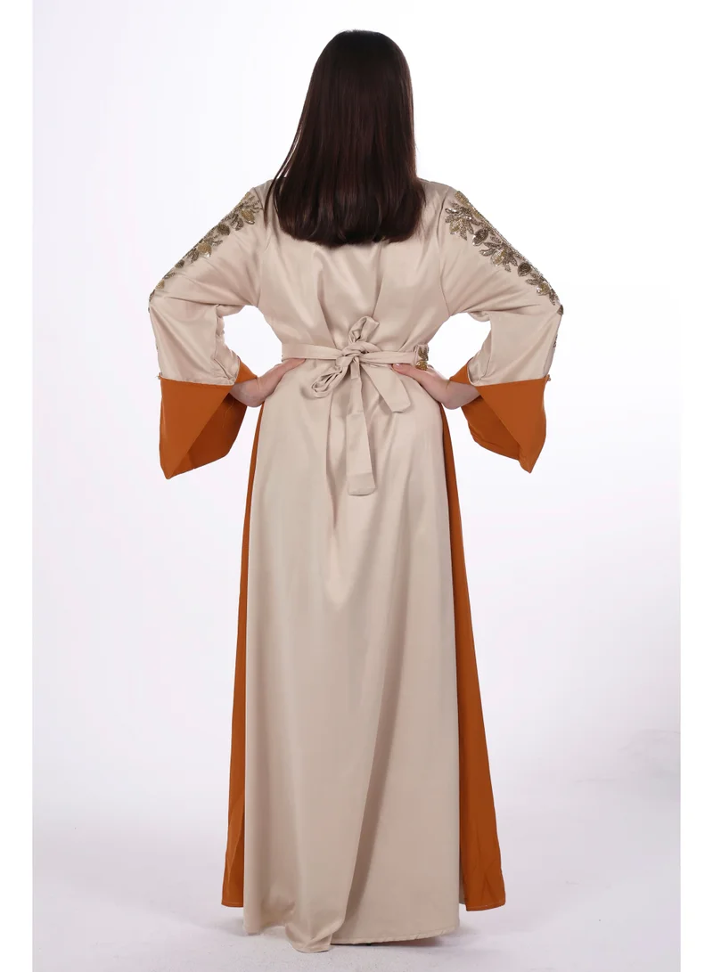 AL BENT AL SHARQIEH beige women belted satin jalabiya dress for Women | Best Price UAE