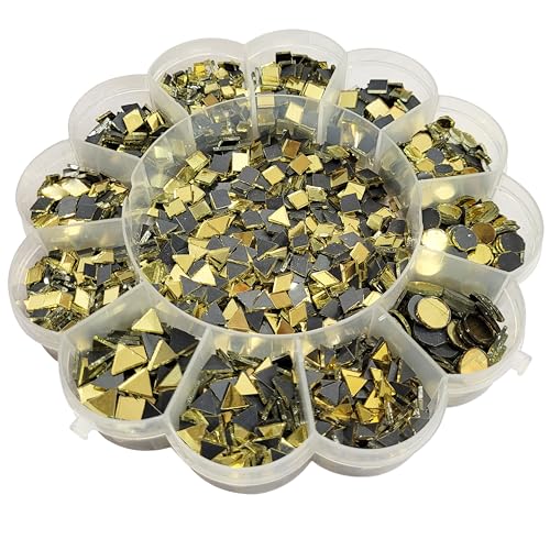 INDIKONB Craft Mirror Beads Set with Storage Box | Glass Pieces for Lippan Art, Crafts, and Jewelry Making - Combo Set of 12 Shapes, 4-11mm (Gold) - Image 1