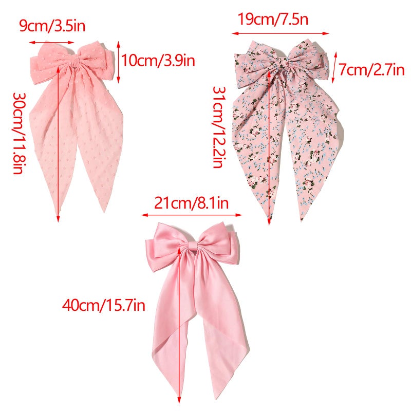 LFOUVRE Pink Hair Accessories - Bow Hair Clips, Bowknot Barrettes with Tail for Girls and Women, Floral Dots Bows, 3pcs Set - Image 5