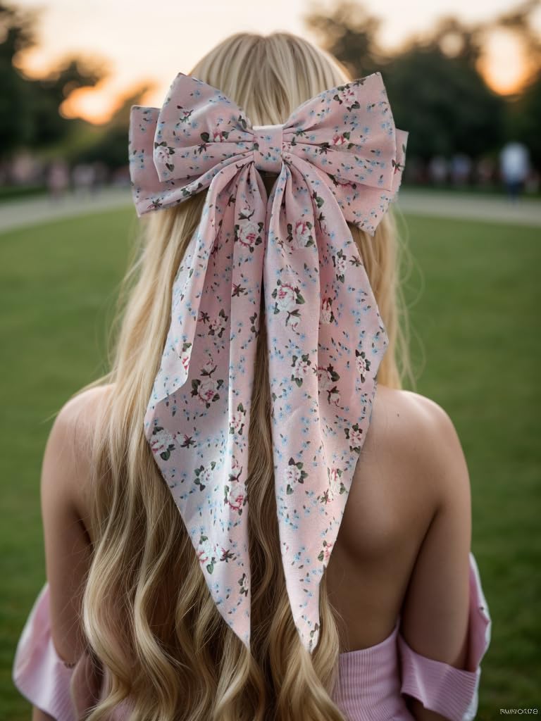 LFOUVRE Pink Hair Accessories - Bow Hair Clips, Bowknot Barrettes with Tail for Girls and Women, Floral Dots Bows, 3pcs Set - Image 4