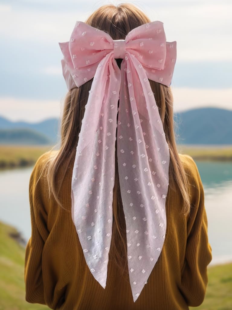 LFOUVRE Pink Hair Accessories - Bow Hair Clips, Bowknot Barrettes with Tail for Girls and Women, Floral Dots Bows, 3pcs Set - Image 2