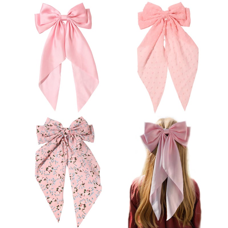 LFOUVRE Pink Hair Accessories - Bow Hair Clips, Bowknot Barrettes with Tail for Girls and Women, Floral Dots Bows, 3pcs Set - Image 1