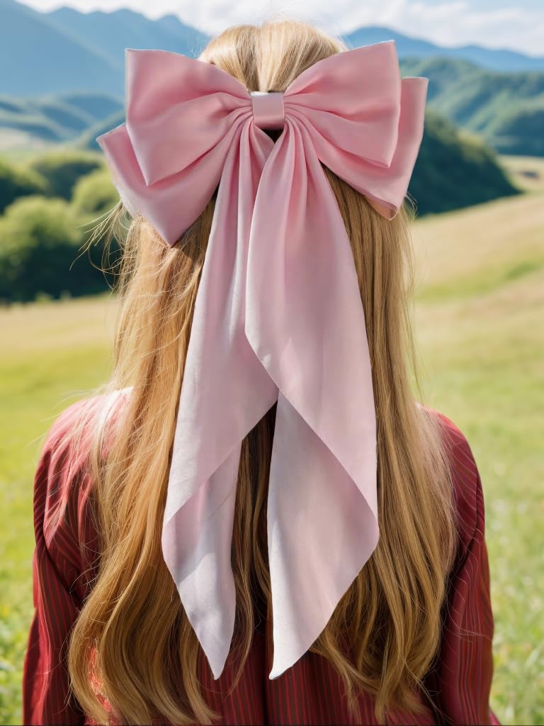 LFOUVRE Pink Hair Accessories - Bow Hair Clips, Bowknot Barrettes with Tail for Girls and Women, Floral Dots Bows, 3pcs Set - Image 3