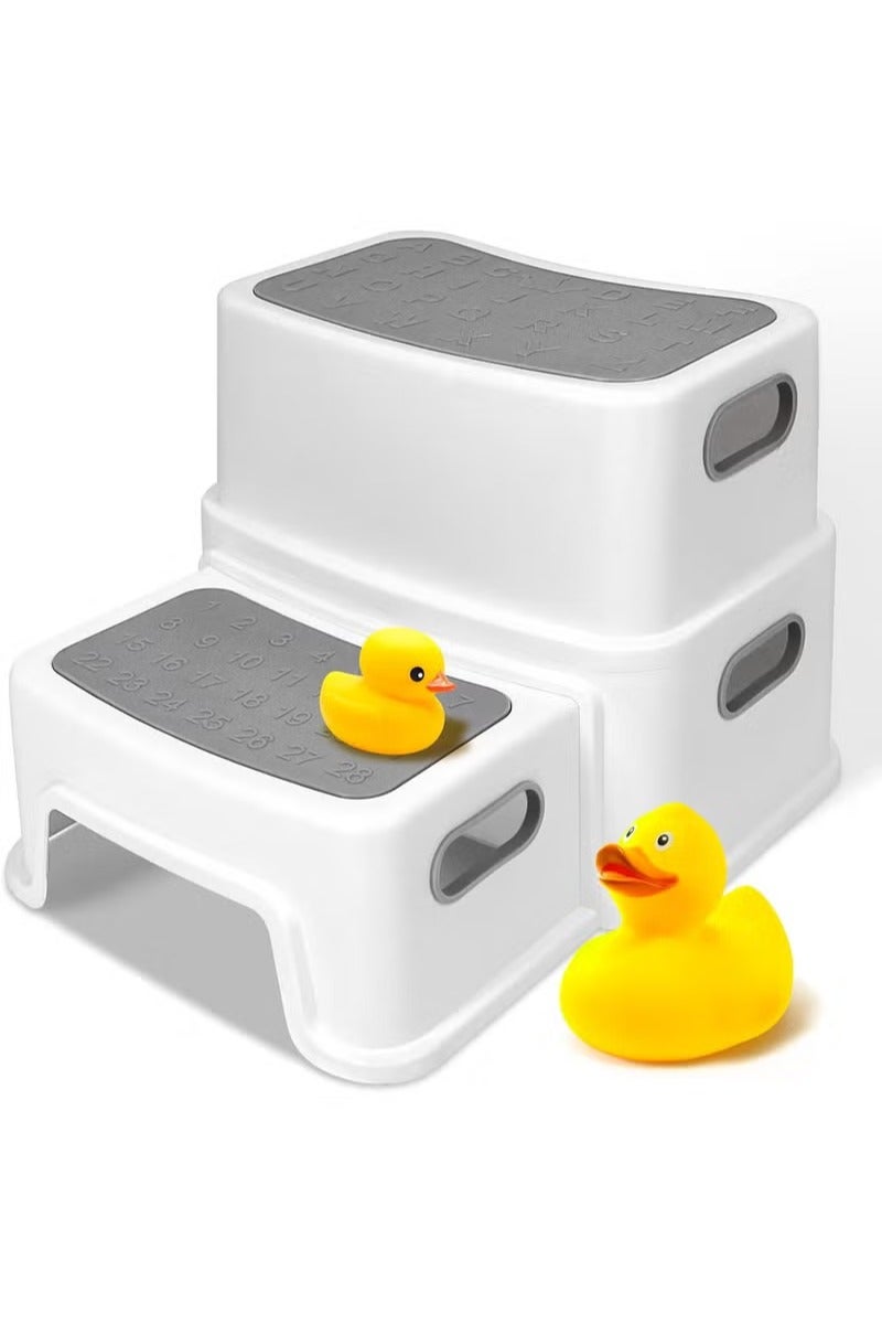 KIIUMI Toddler Step Stool for Bathroom Sink, 2 Step Stool for Kids Toilet Potty Training, Non-Slip Toddlers Baby Child Kid Plastic Poop Stools with Handle for Kitchen Counter Bed (Grey) - Image 1