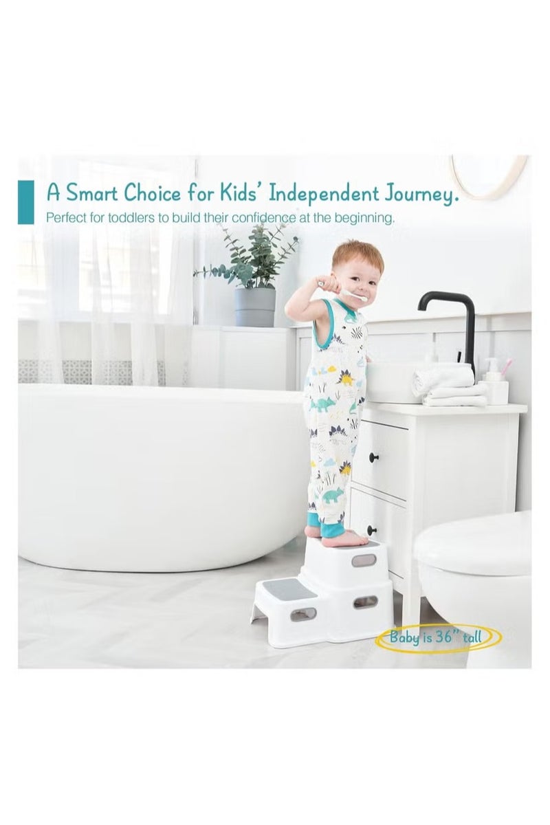 KIIUMI Toddler Step Stool for Bathroom Sink, 2 Step Stool for Kids Toilet Potty Training, Non-Slip Toddlers Baby Child Kid Plastic Poop Stools with Handle for Kitchen Counter Bed (Grey) - Image 2