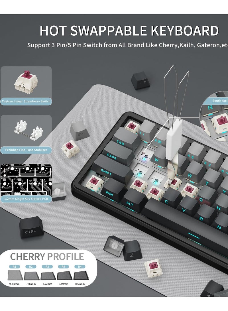 X66 Wireless Mechanical Gaming Keyboard with Knob, Tri Mode USB-C/BT5.0/2.4G, Gasket Mounted RGB 60% Keyboard, Side Printed PBT Keycap, Hot Swappable Strawberry Switch (Moonlight) - Image 5