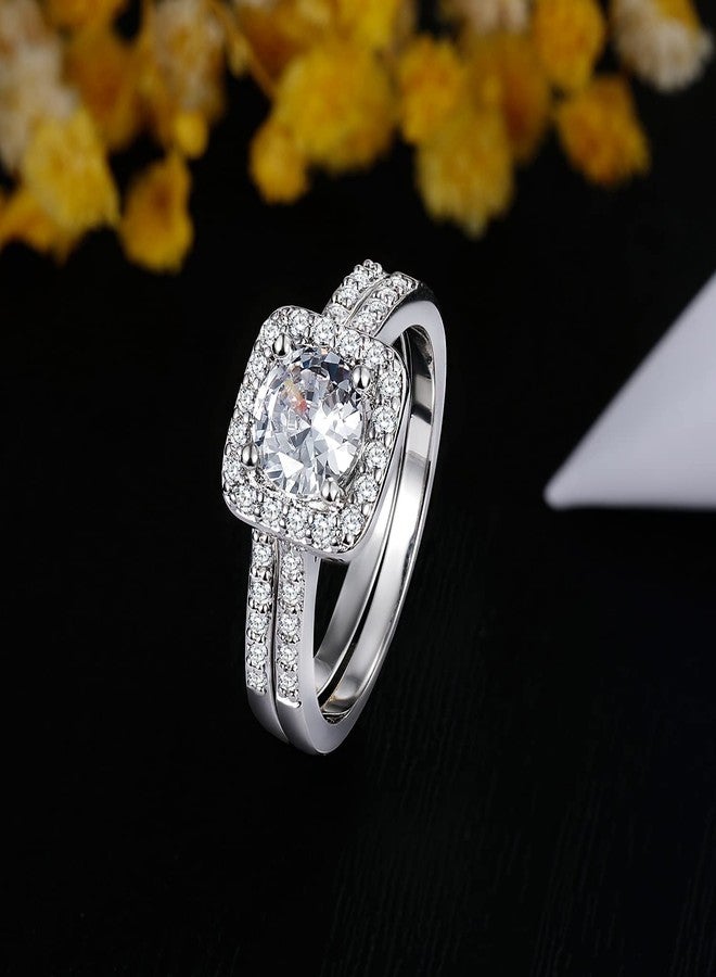 GEMSME 18K White Gold Plated Two-in-One Wedding Engagement Eternity Rings Halo Cubic Zirconia Bridal Rings Set, Brass, Cubic Zirconia, - Image 3