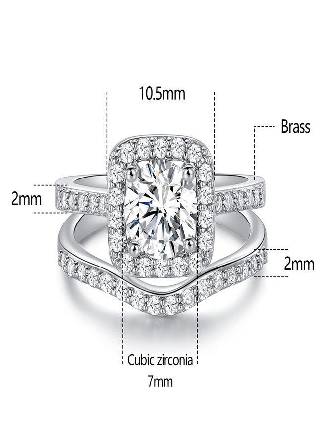 GEMSME 18K White Gold Plated Two-in-One Wedding Engagement Eternity Rings Halo Cubic Zirconia Bridal Rings Set, Brass, Cubic Zirconia, - Image 2