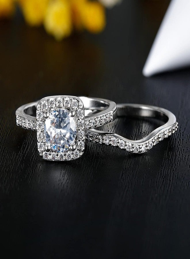 GEMSME 18K White Gold Plated Two-in-One Wedding Engagement Eternity Rings Halo Cubic Zirconia Bridal Rings Set, Brass, Cubic Zirconia, - Image 4