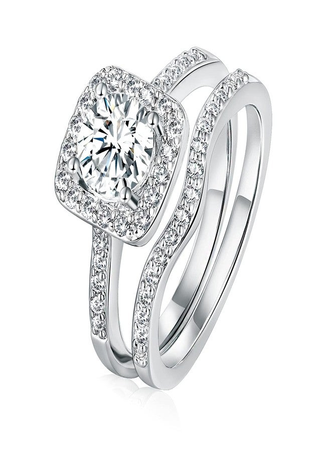 GEMSME 18K White Gold Plated Two-in-One Wedding Engagement Eternity Rings Halo Cubic Zirconia Bridal Rings Set, Brass, Cubic Zirconia, - Image 1