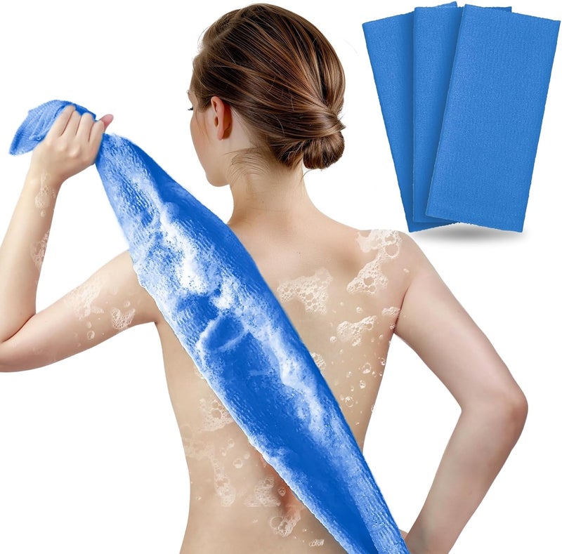 ARCH&M Exfoliating Shower Towel – 35-Inch Japanese-Style Back Scrubber for Shower, Textured Poly Nylon Body Exfoliating Washcloth for Back Acne, KP & Ingrown Hairs, Quick-Dry, 3 Pack (Navy-Blue x 3) - Image 1