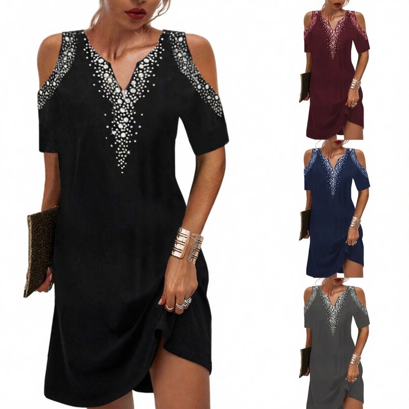 Women's V-Neck Off-Shoulder Print Short Sleeve Dress - Image 1