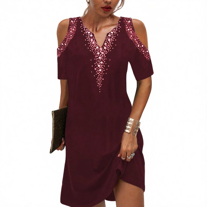 Women's V-Neck Off-Shoulder Print Short Sleeve Dress - Image 3
