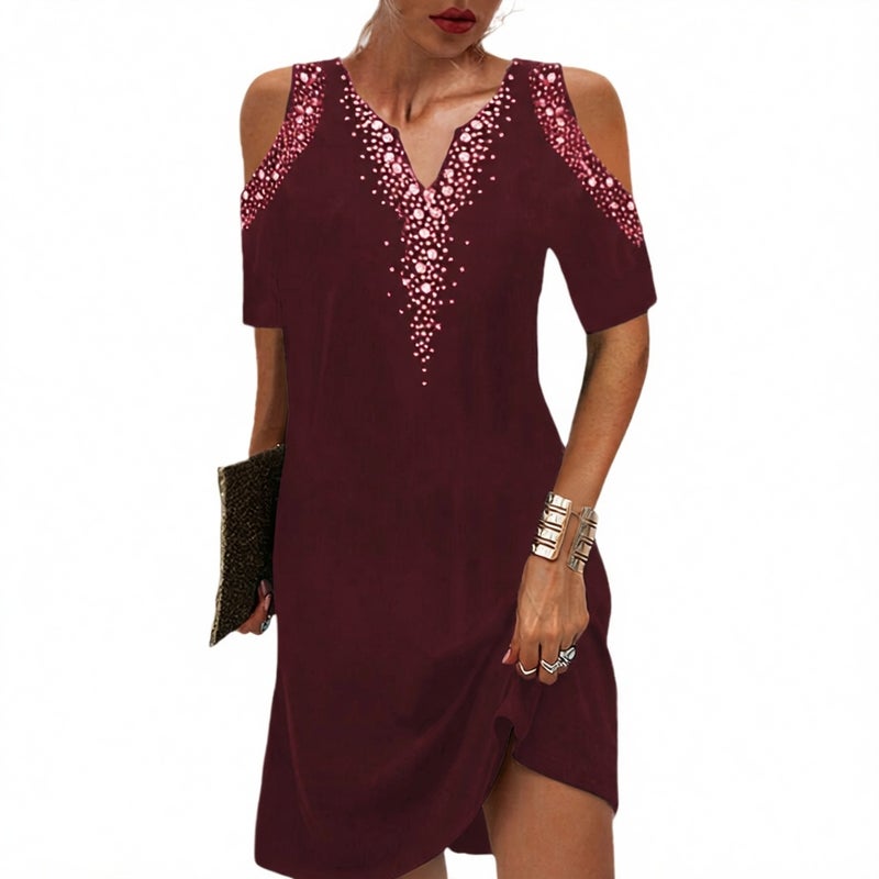 Women's V-Neck Off-Shoulder Print Short Sleeve Dress - Image 2
