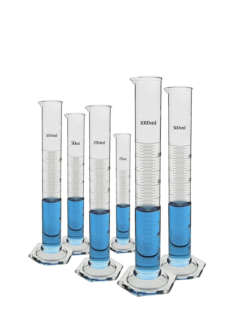 SPYLX Borosilicate 33 Glass Measuring Cylinder 25 ml 50 ml 100 ml 250 ml 500 ml 1000 ml with Graduation Marks Set of 6 Measuring Cylinders - Image 1