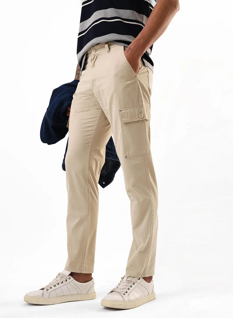 Dennis Lingo Men's Beige 100% Cotton Full Slim Fit Cargo Trouser