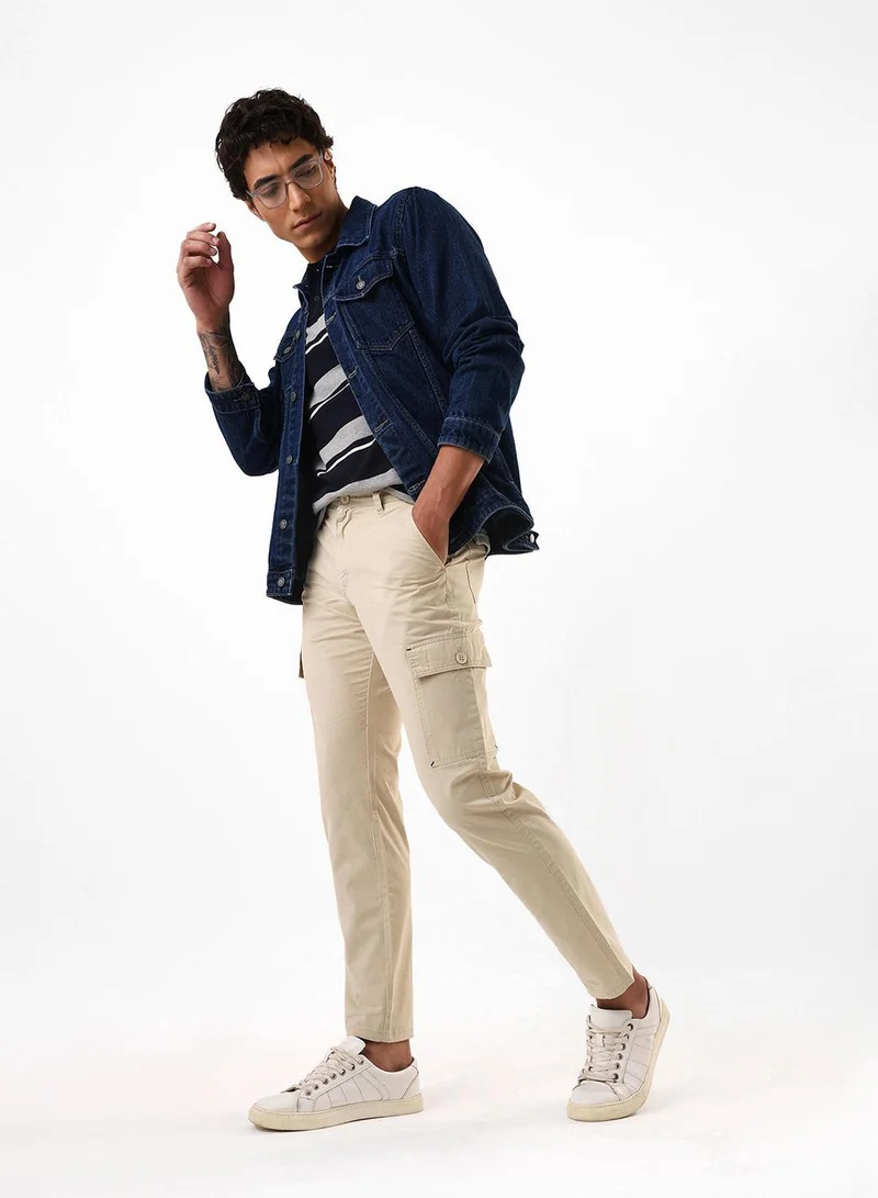 Men's Beige 100% Cotton Full Slim Fit Cargo Trouser