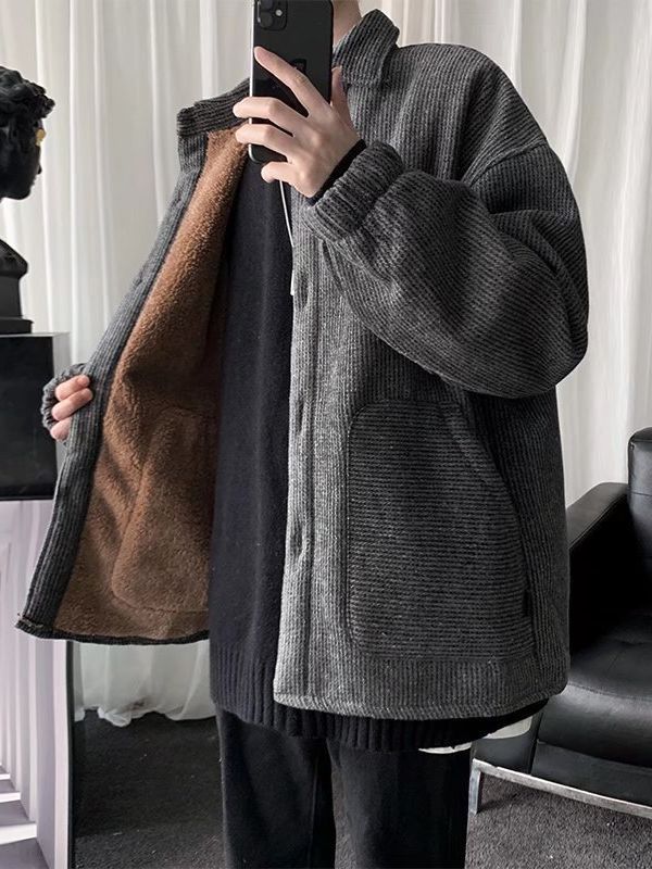 Corduroy cotton-padded coat mens winter fleece-lined thickened loose ins casual coat Hong Kong style fashion brand handsome solid color cotton-padded coat Light gray - Image 3