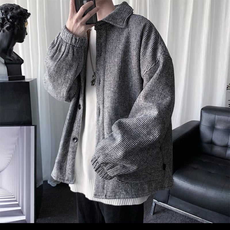 Corduroy cotton-padded coat mens winter fleece-lined thickened loose ins casual coat Hong Kong style fashion brand handsome solid color cotton-padded coat Light gray - Image 1