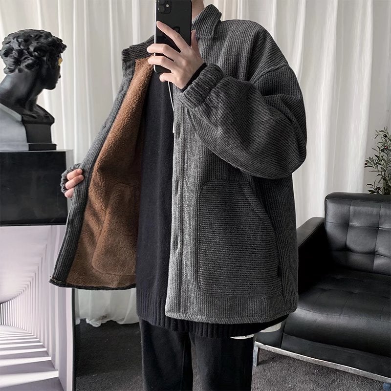 Corduroy cotton-padded coat mens winter fleece-lined thickened loose ins casual coat Hong Kong style fashion brand handsome solid color cotton-padded coat Light gray - Image 2