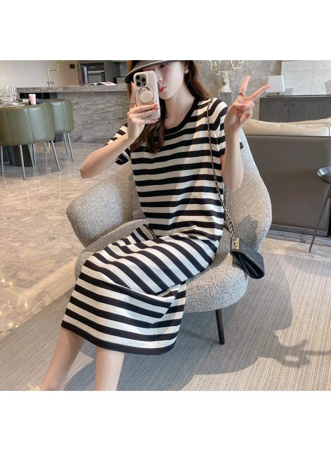 Crewneck Shoulder Short-sleeved T-shirt Women's Dress Summer High-end Sense Elegant Loose Long Dress