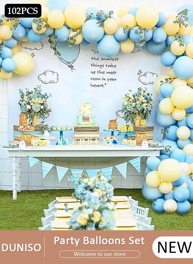 DUNISO طقم قوس بالونات 102 قطعة، مجموعة بالونات لاتكس زرقاء وصفراء لتزيين خلفيات حفلات الزفاف وأعياد الميلاد وحفلات افتتاح المدارس - Image 1